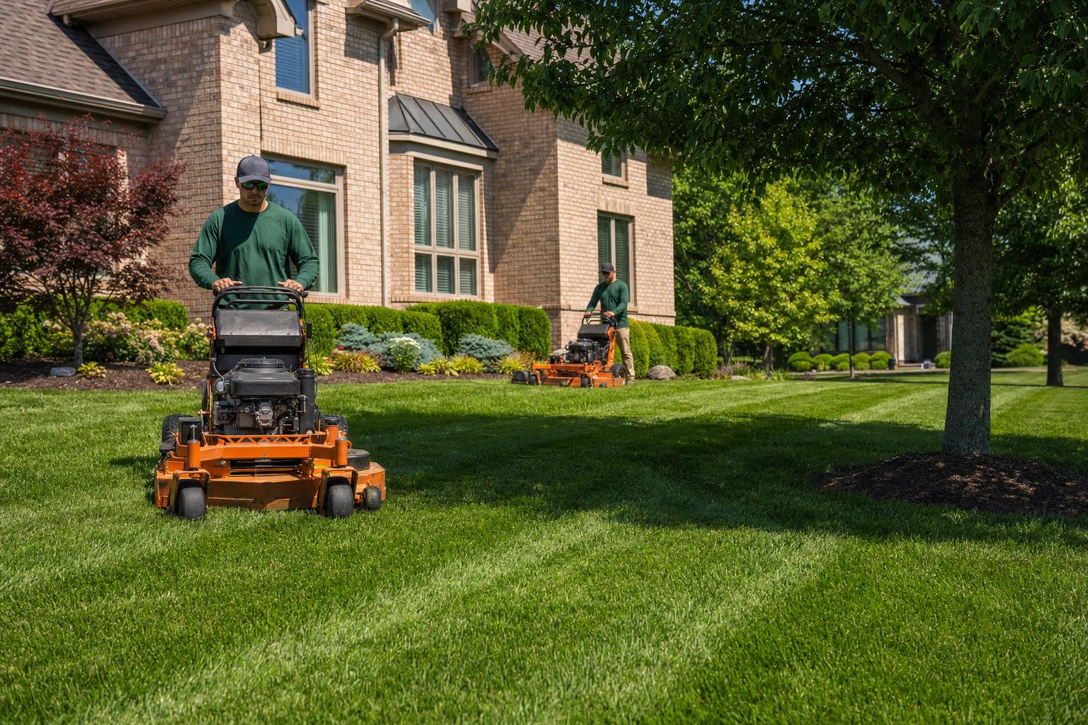 Professional lawn care team servicing a Kansas City metro residential property